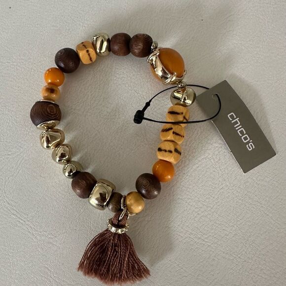 Chico's Presley Brown and Orange Beaded Bracelet. - Picture 1 of 3